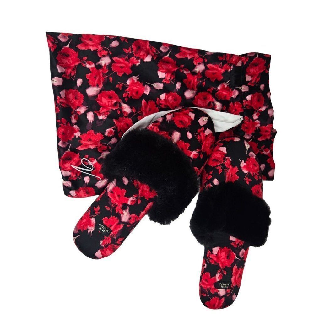 NEW Victorias Secret Floral Satin Fluffy Slippers Womens Size L Red Black